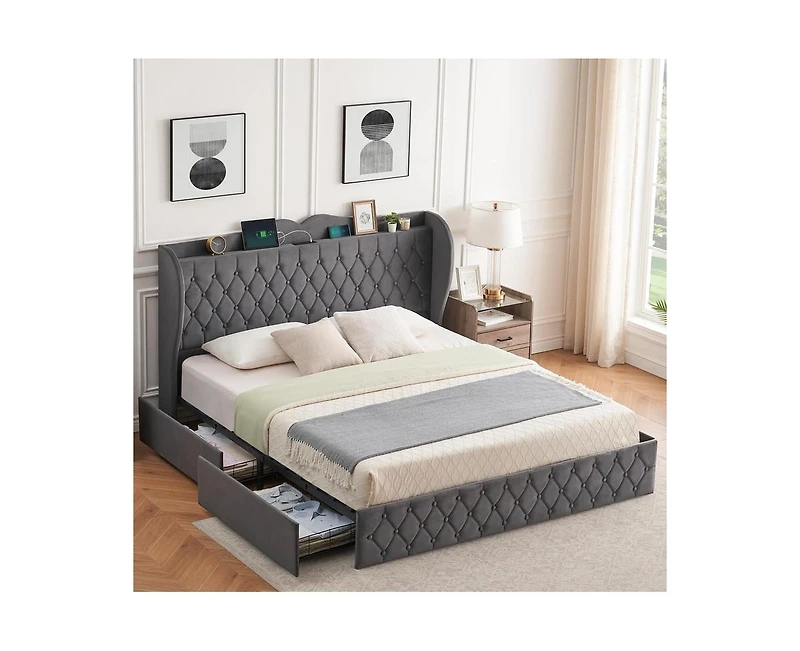 gaomon King Size Bed Frame with Charging Station and 4 Storage Drawers, Velvet Upholstered Tall Tufted Wingback Headboard and Storage Shelf, No Box Sp