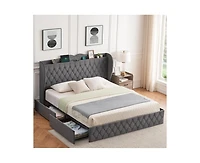 gaomon King Size Bed Frame with Charging Station and 4 Storage Drawers, Velvet Upholstered Tall Tufted Wingback Headboard and Storage Shelf, No Box Sp