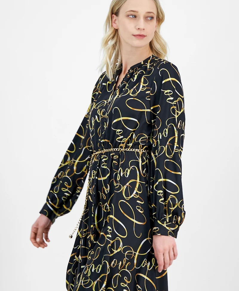 T Tahari Women's Button-Front Long-Sleeve Chain-Belt Dress