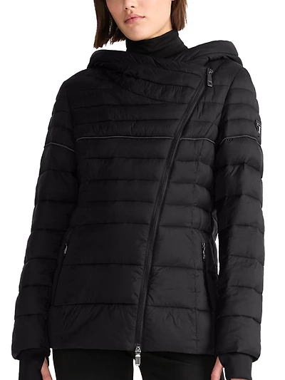 Tumi Women's Asymmetrical Zip Cowl Neck Quilted Midweight Puffer Coat with Prima Loft Fill