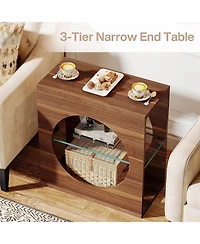 Tribesigns End Table Living Room Set of 2, 3-Tier Wood Narrow Side Table with Adjustable Tempered Glass Storage Shelf, Bedside Table Nightstand