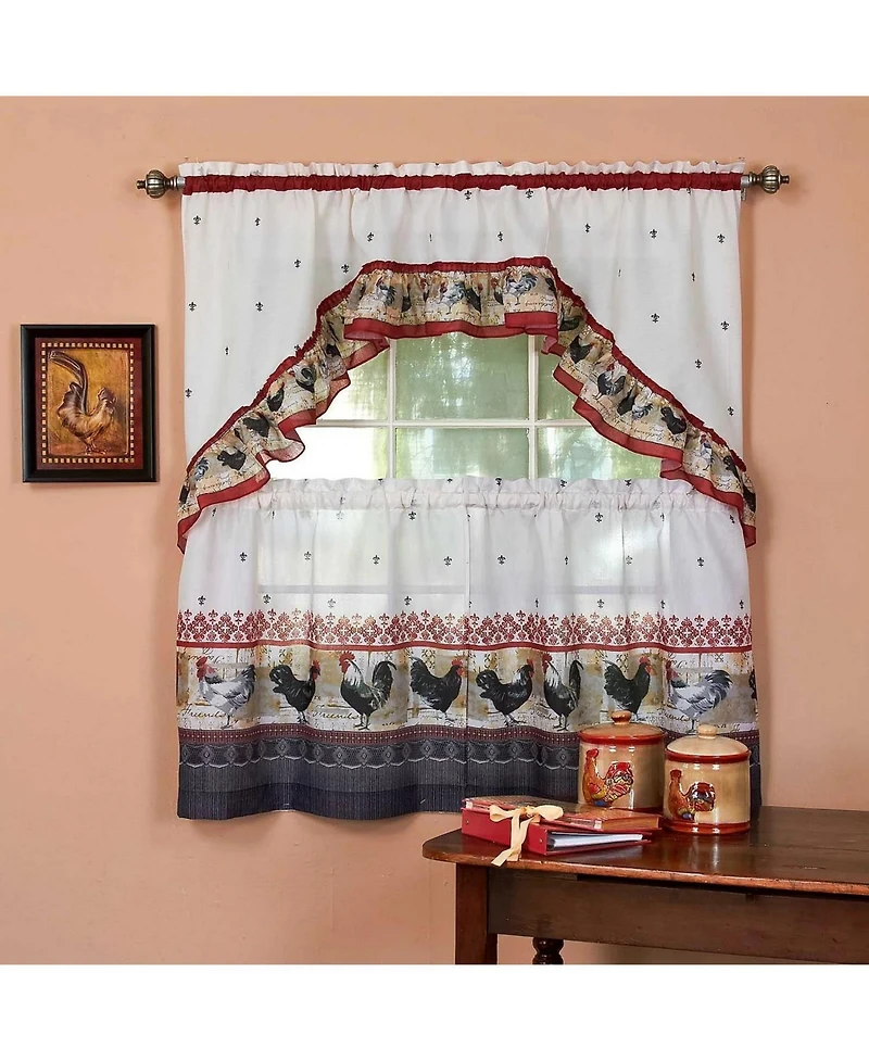 Kate Aurora Old Country Rooster Cottage Kitchen Curtain Tier & Swag Set