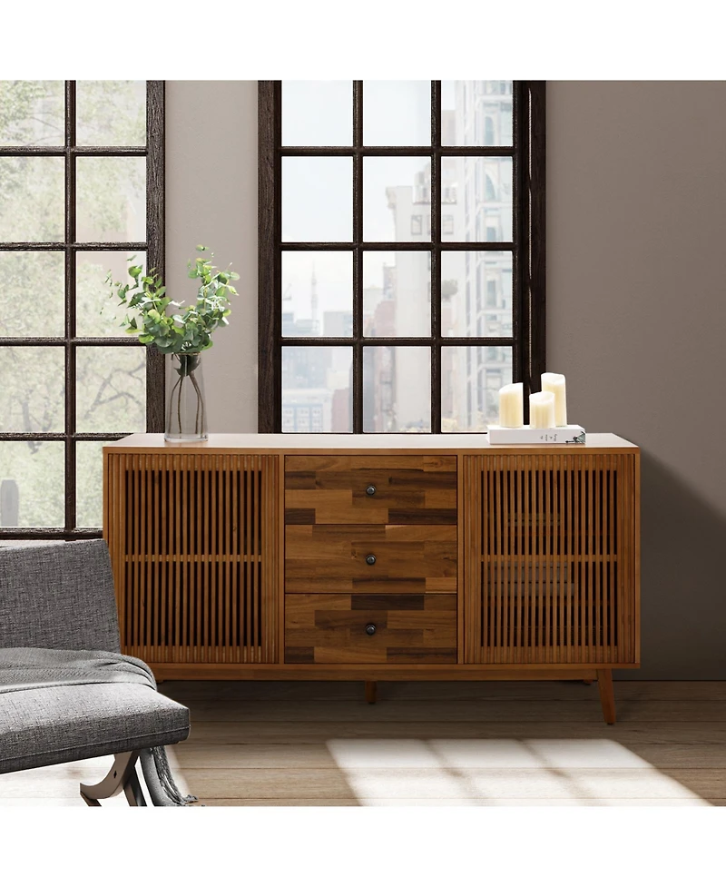 Hulala Home Crrillus Mid-century 58'' Wide 3 Drawer Sideboard with Slatted Doors