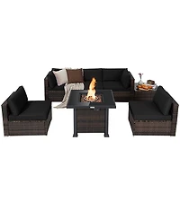 7PCS Patio Rattan Furniture Set Fire Pit Table Cover Glass Top Cushion