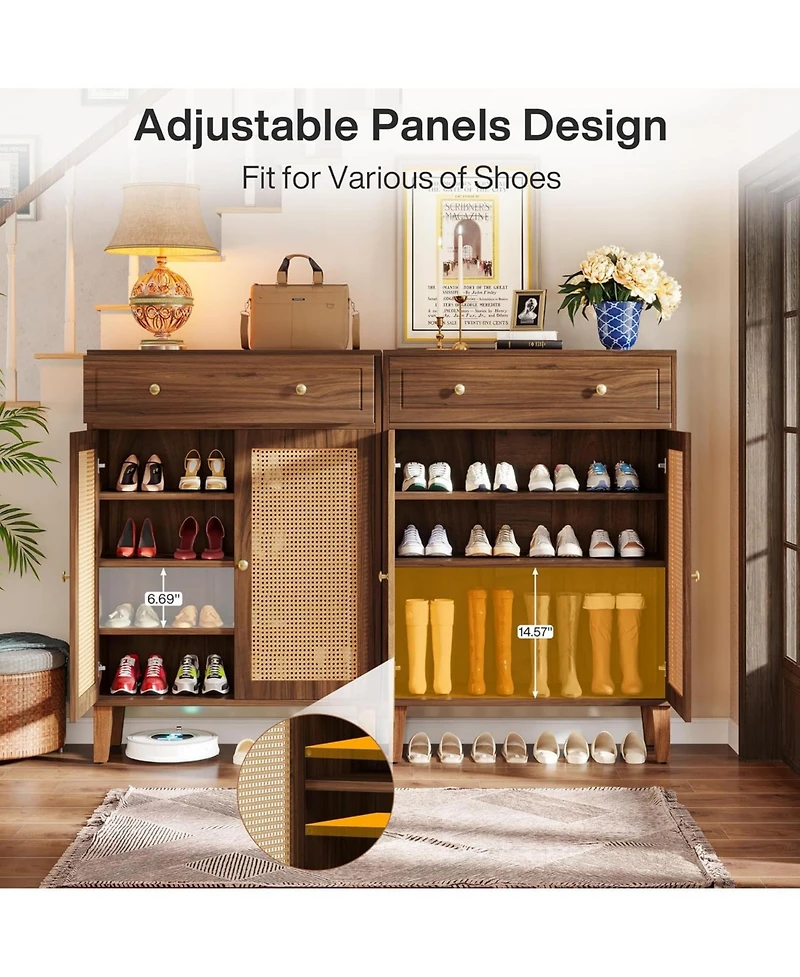 Tribesigns Shoe Cabinet with Doors and Drawer, Modern Shoe Storage Cabinet for Entryway, Rattan Wooden Shoe Organize with Adjustable Shelf