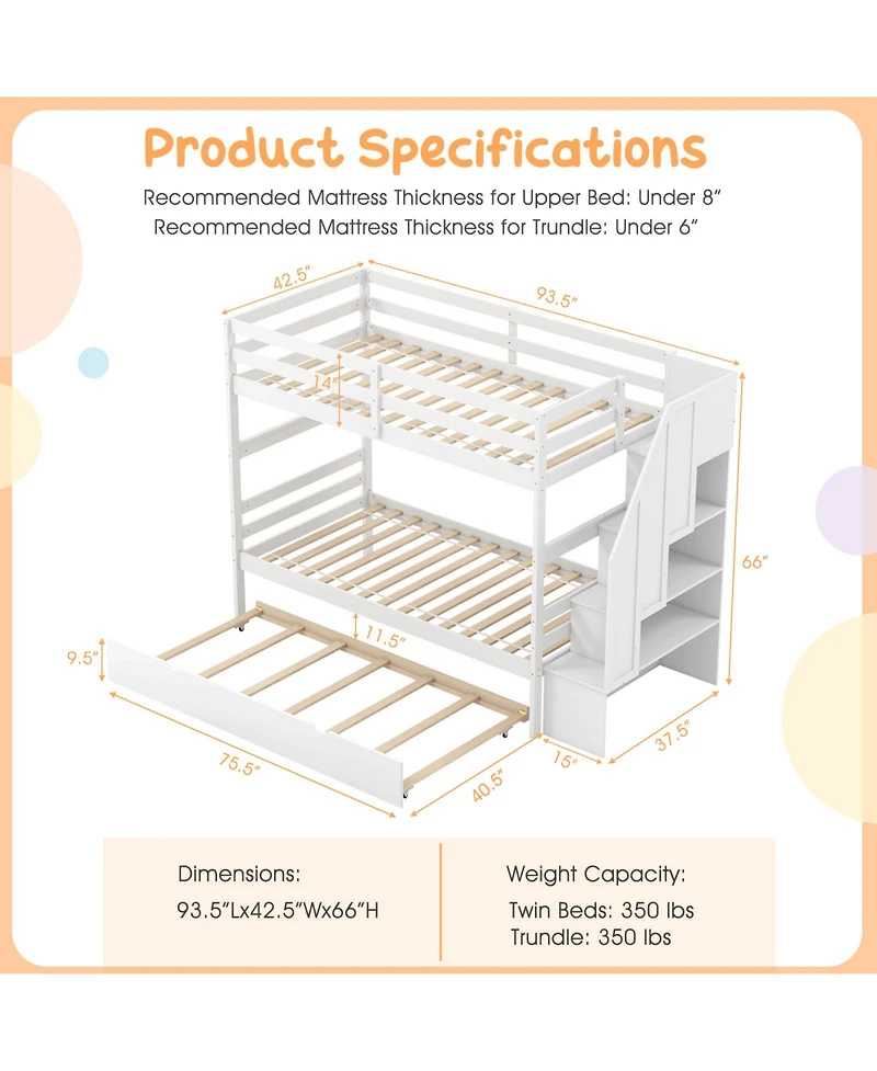 Home Wood Bunk Bed with Guard Rail and 4-step Storage Stairs No Box Spring Needed