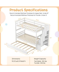 Home Wood Bunk Bed with Guard Rail and 4-step Storage Stairs No Box Spring Needed