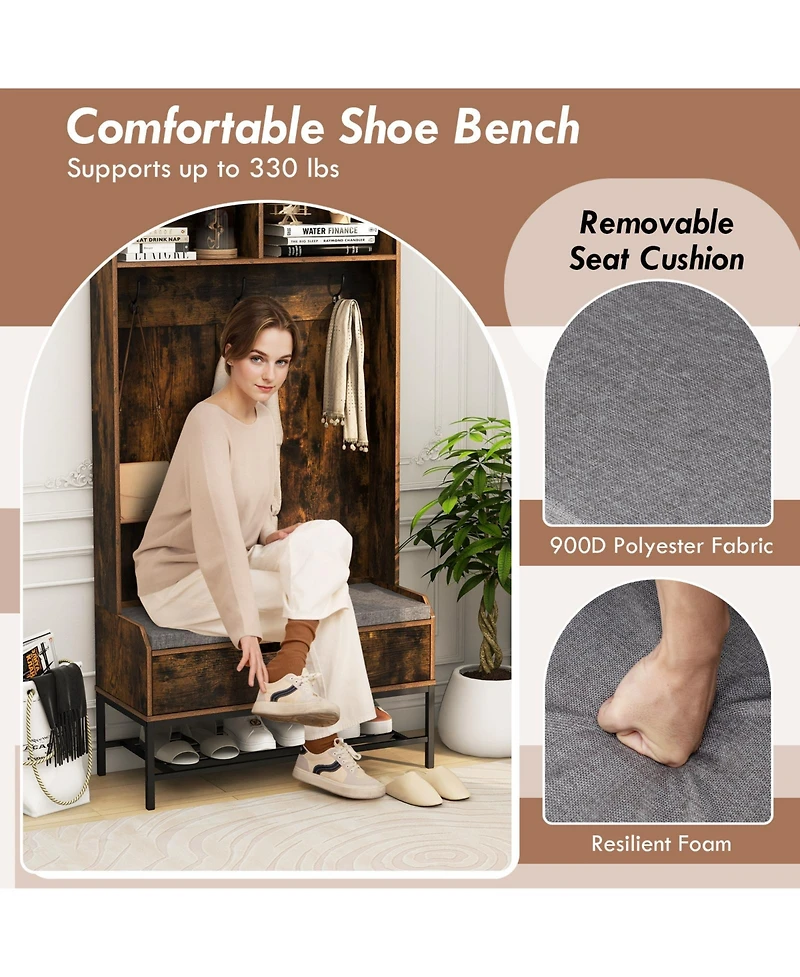 Gouun 69-Inch 4-in-1 Hall Tree with Coat Rack, Seat Cushion, Shoe Storage, and Shelf