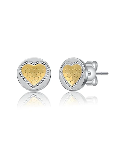 Two-Tone Heart Milgrain Medallion Round Stud Earrings in White Gold Plated or 14K Gold Plated