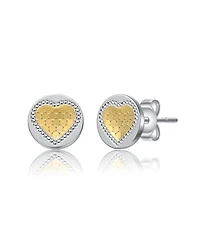 Two-Tone Heart Milgrain Medallion Round Stud Earrings in White Gold Plated or 14K Gold Plated