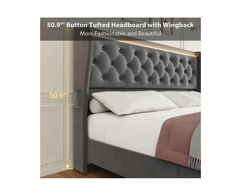 gaomon Queen Led Bed Frame with Charging Station, Velvet Upholstered Platform Bed Frame with Button Wingback Headboard, Metal Frame with No Box Spring