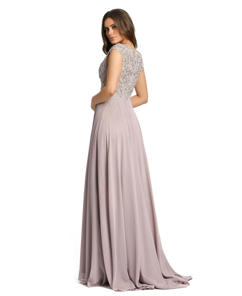 Mac Duggal Women's Appliqued Cap Sleeve Bodice Flowy Gown