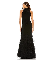 Mac Duggal Women's Jersey Halter Gown with Feather Tiered Detail