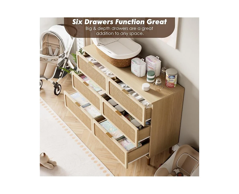 Rattan 6 Drawer Dresser for Bedroom with Wide Top, Large Double Dresser for Closet with Deep Drawers, Wooden Chest of Drawer for Living Room, Entryway