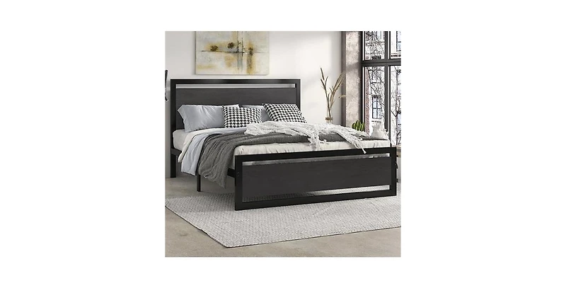 Industrial Metal Platform Bed – Wood Headboard and Footboard with Slat Support