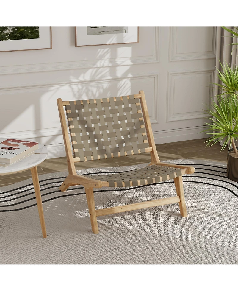 Gouun Modern Armless Teak Wood Lounge Chair with Nylon Woven Backrest and Seat