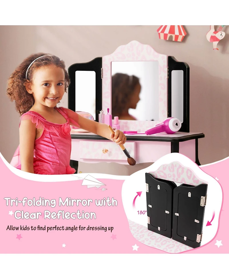 Gouun Kid Vanity Set with Tri-Folding Mirror and Leopard Print