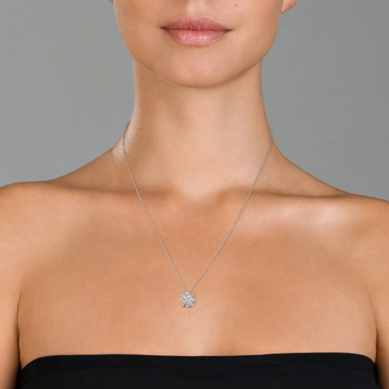 Sterling Silver White Gold Plated Cubic Zirconia Snowflake Cluster Pendant Necklace
