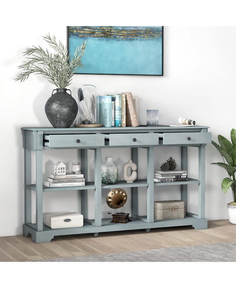 Gouun 58 Inch Retro Console Table with 3 Drawers and Open Shelves Rectangular Entryway Table