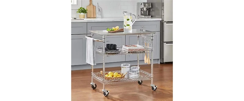 Mobile Kitchen Cart – Stainless Steel Top Island with 2-Tier Storage Shelves for Prep, Serving, and Organization