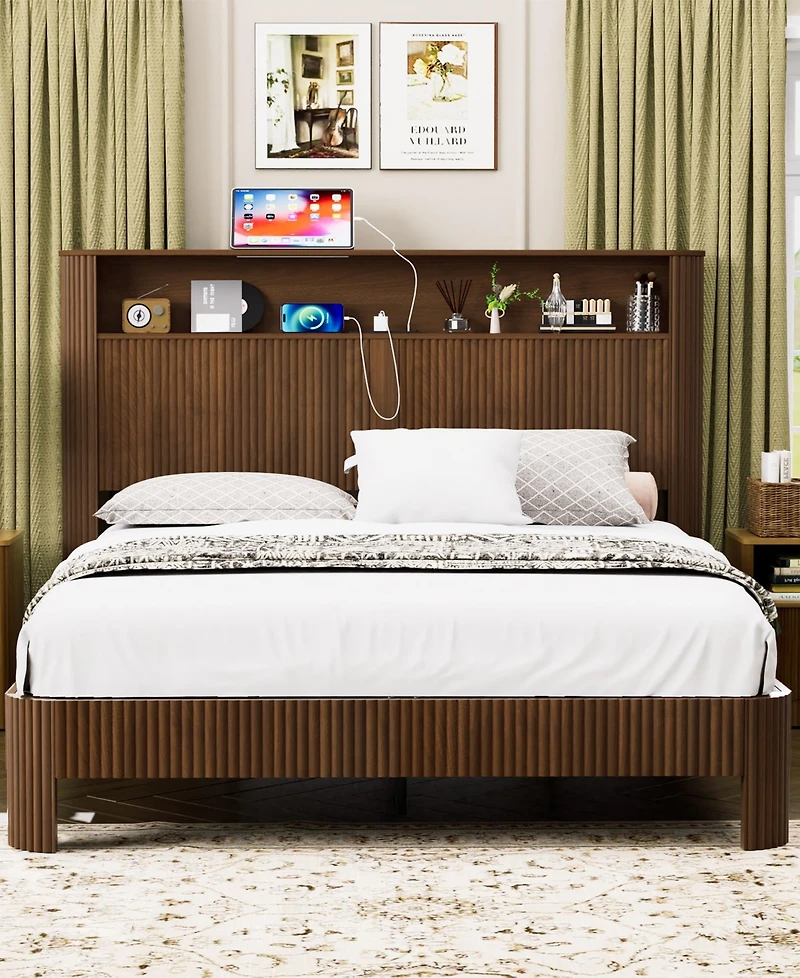 Dyhome Floating Bed Frame Queen with Headboard Storage, Bed Frame Queen Size with Charging Station & Led Lights, Pu Leather Upholstered Platform Bed F