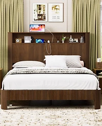 Dyhome Floating Bed Frame Queen with Headboard Storage, Bed Frame Queen Size with Charging Station & Led Lights, Pu Leather Upholstered Platform Bed F