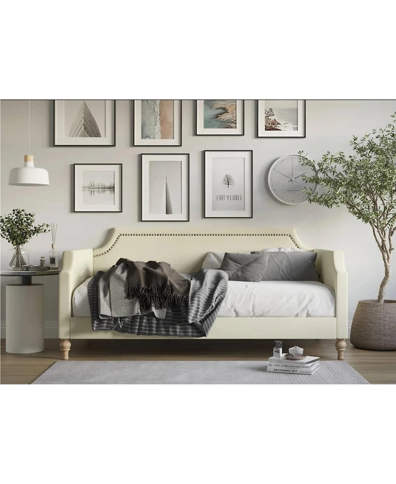 Upholstered Daybed with Nailhead Accents – Polyester Fabric Frame for Guest Bedroom or Lounge Area