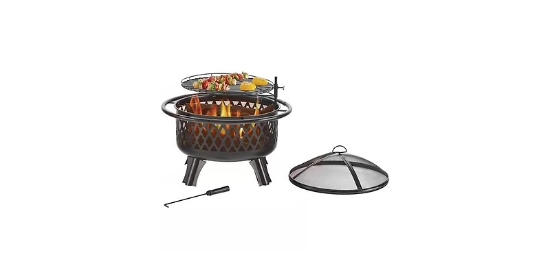 Slickblue 30-inch Black Steel Outdoor Fire Pit Grill with Screen and Poker