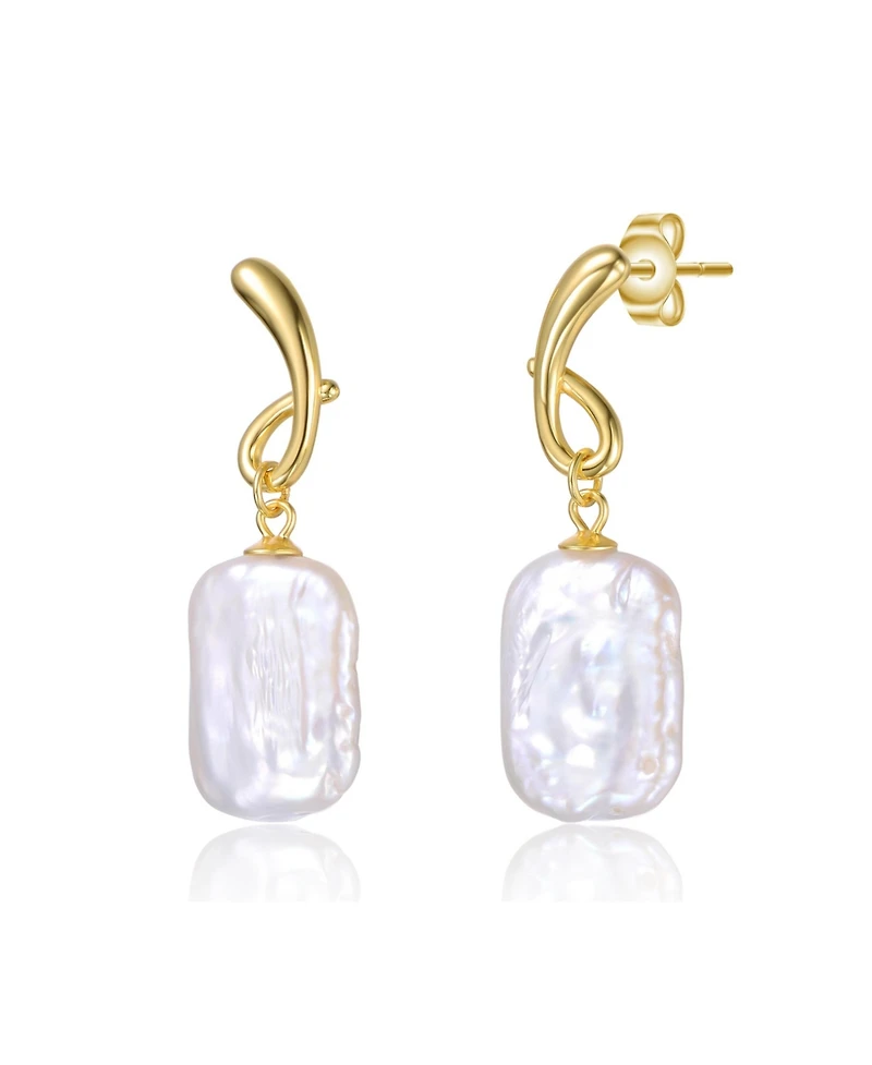 Sterling Silver 14K Gold Plated with Ribbon Baroque Freshwater Pearl Drop Earrings