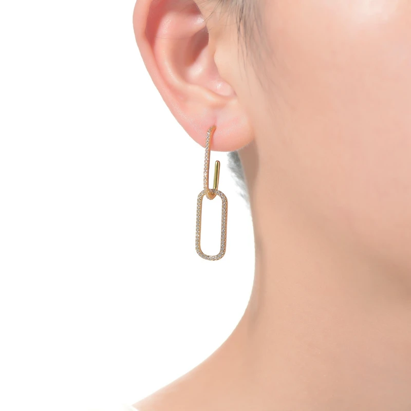 Sterling Silver 14K Gold Plated Clear Cubic Zirconia Square Drop Butterfly Earrings