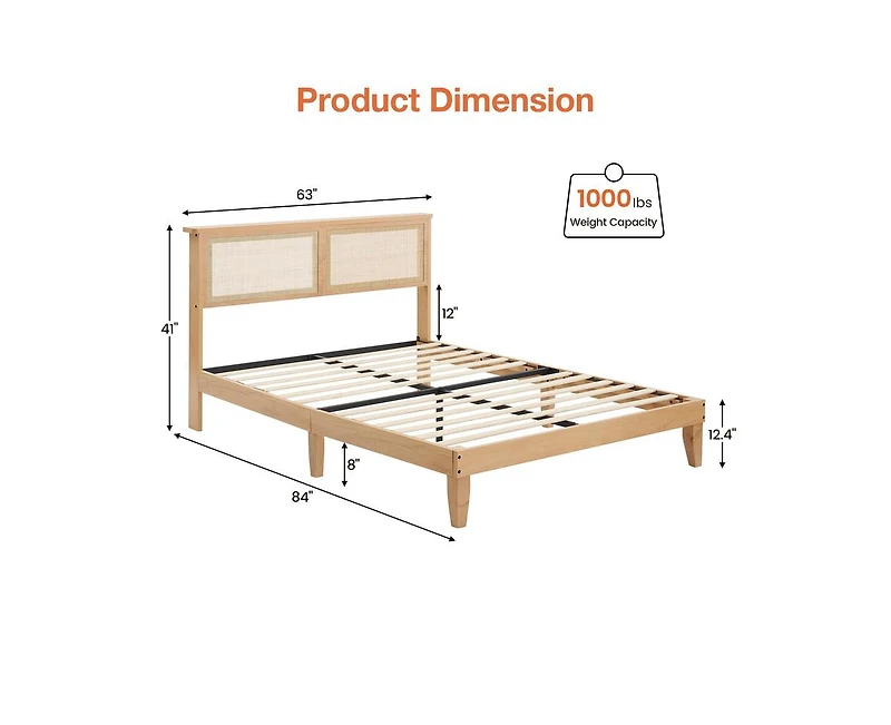gaomon Queen Size Bed Frame with Rattan Headboard, Platform Bed Frame with Led Lights and Wood Headboard, Strong Wooden Slat, Mattress Foundation, Noi