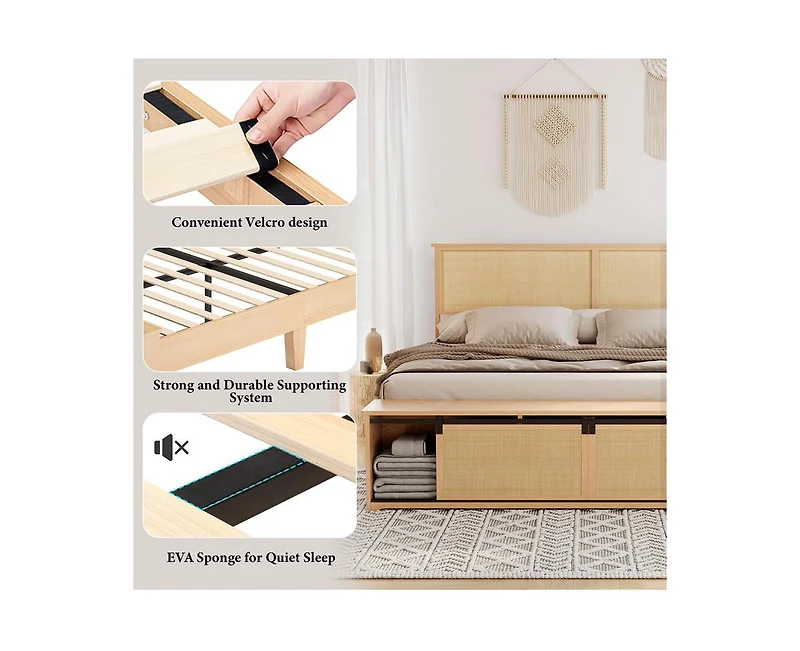 gaomon Natural Rattan Full Size Bed Frame with Sliding Barn Door Storage Cabinets and Headboard, Boho Farmhouse Wood Platform Bed with Solid Wood Legs