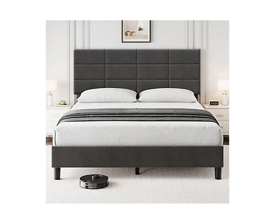 gaomon Full Bed Frame, Linen Upholstered Platform Full Bed Frame with Height Adjustable Headboard, Metal Frame Full Bed Frame with Strong Wood Slats a