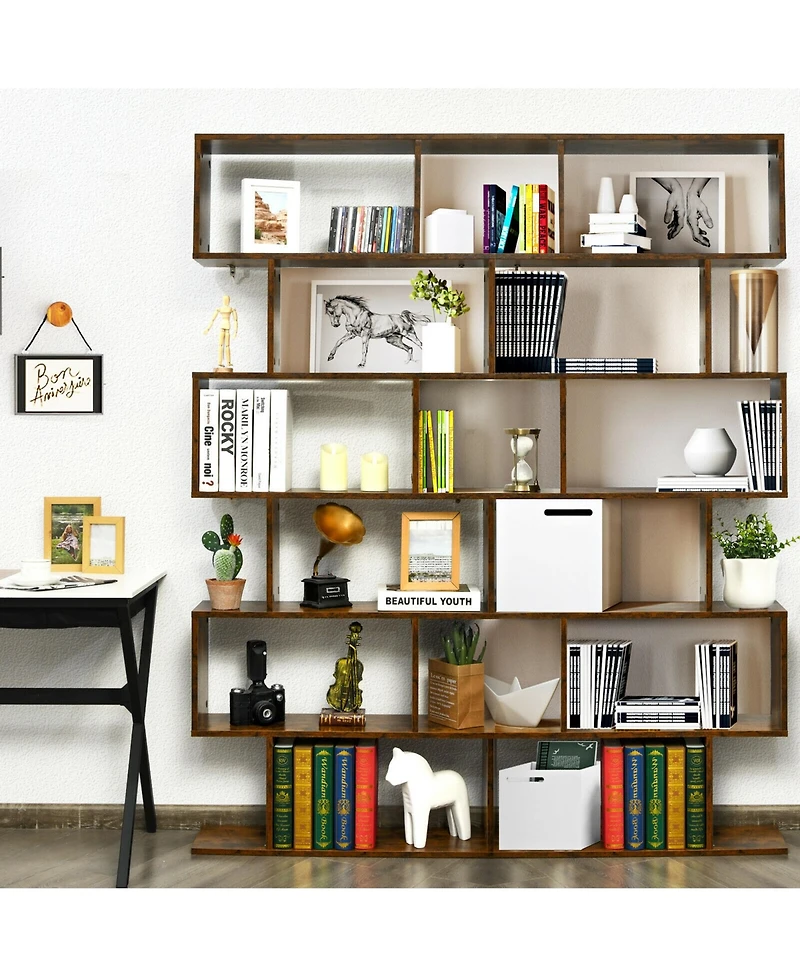 Gymax 2 Pcs 6 Tier S-Shaped Bookshelf Storage Display Bookcase Z-Shelf Coffee