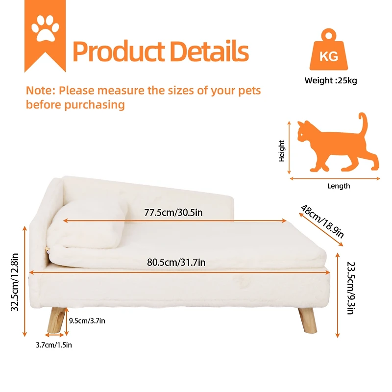 Bingopaw L Shape Dog Sofa Bed Rubber Wood Legs with Cushion Mat Pillow Cat Chaise Stool