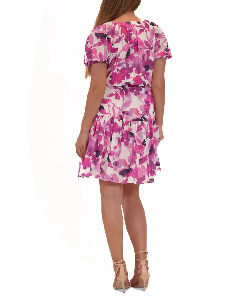 julia jordan Woman's Floral-Print Split-Neck Tie-Waist Dress