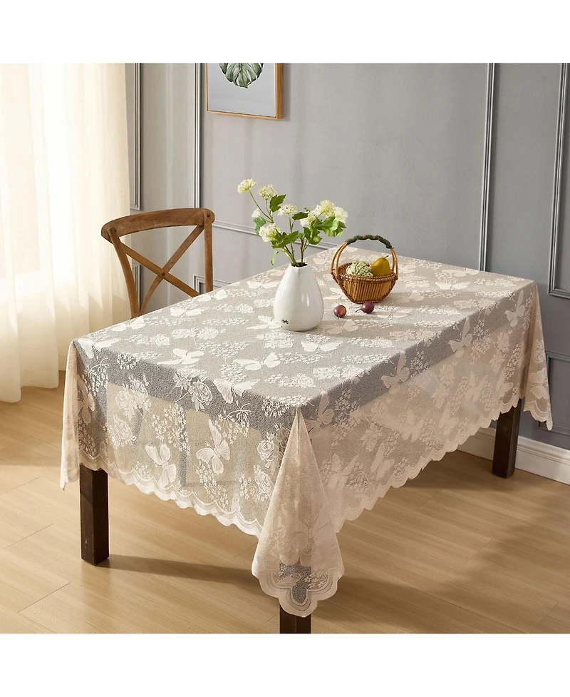 Hlc.me Butterfly Floral Lace Fabric Tablecloth, Lace Fabric Table Cloth for Rectangle Square Tables, Wrinkle Resistant