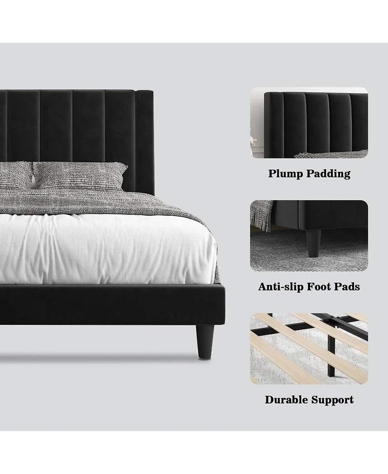 Velvet Platform Bed Frame with Headboard – Soft Upholstery, Wood Slats, and Durable Structure for Home Bedroom