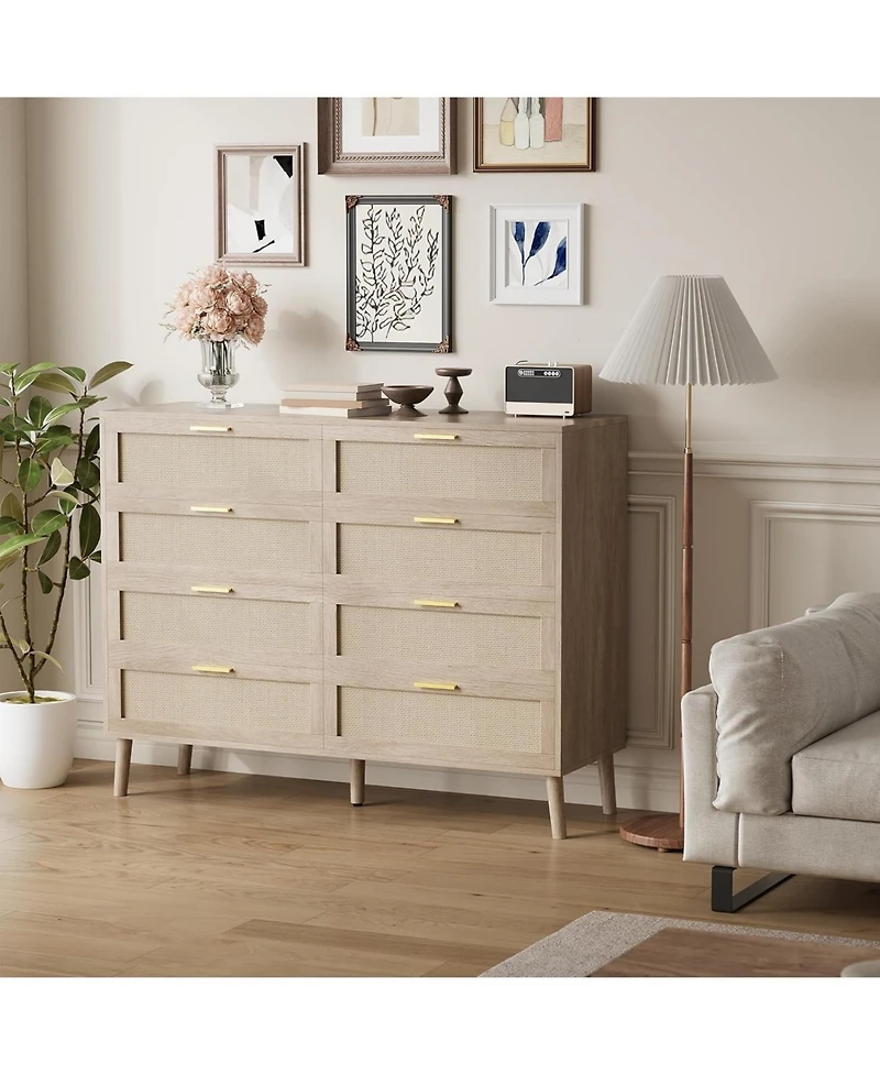 gaomon 6 Drawer Double Dresser for Bedroom, Rattan Dresser, Floor Standing Storage Cabinet, Clothes Storage Cabinet with Gold Handles, for Hallway, Li