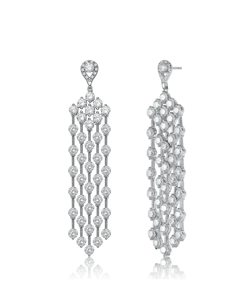 Sterling Silver White Gold Plated Cubic Zirconia Long Chandelier Earrings