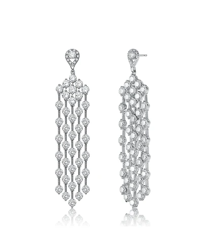 Sterling Silver White Gold Plated Cubic Zirconia Long Chandelier Earrings