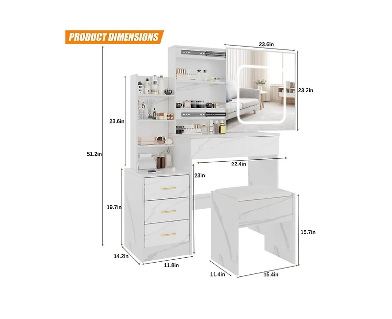 gaomon Vanity Desk with Sliding Mirror and Lights, Makeup Vanity Set with Power Outlet, 4 Drawers, Stool, Open Shelves, 3 Color Lighting Modes, Bright