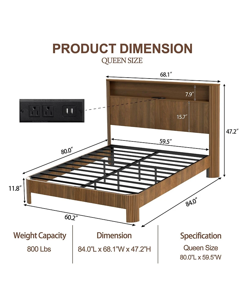 Dyhome Floating Bed Frame Queen with Headboard Storage, Bed Frame Queen Size with Charging Station & Led Lights, Pu Leather Upholstered Platform Bed F