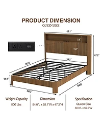 Dyhome Floating Bed Frame Queen with Headboard Storage, Bed Frame Queen Size with Charging Station & Led Lights, Pu Leather Upholstered Platform Bed F