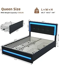 Dyhome Queen Bed Frame with Led Lights and 4 Storage Drawers, Upholstered Platform Led Bed Frame Queen Size with Charging Station Button Pu Leather He