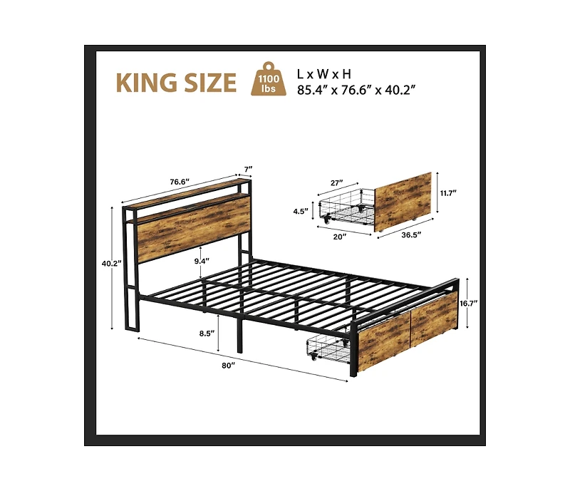 Metal Bed Frame with 2 Storage Drawers and Led Rgb Led light