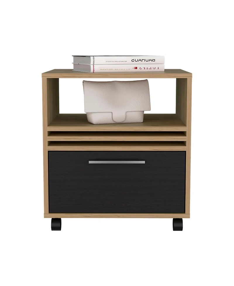 Alsen Nightstand, 1 Drawer, 4 Wheels, 1 Shelf, Natural Oak / Black