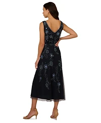Adrianna Papell Women's V-Neck Beaded Sleeveless Midi Dress