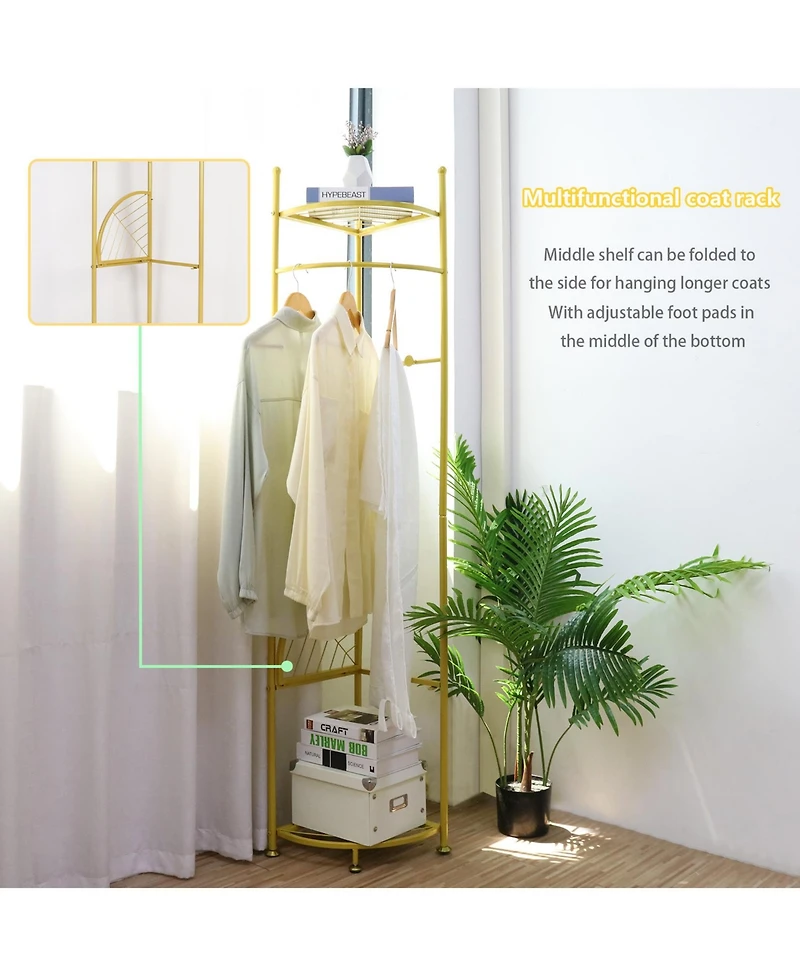 Unho Freestanding Gold Metal Coat Rack: Clothes Stand with Shelves Storage