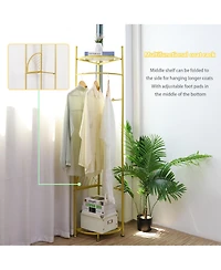 Unho Freestanding Gold Metal Coat Rack: Clothes Stand with Shelves Storage